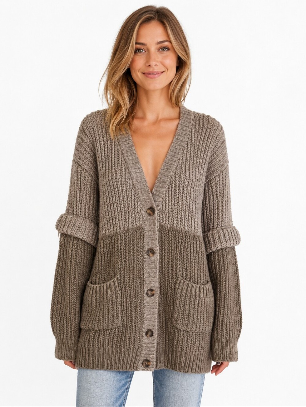 POL Rare Two Tone Chunky Knit Button Cardigan Medium